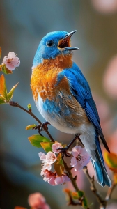 Melodious Moment: Vibrant Blue Bird Amidst Pink Blossoms