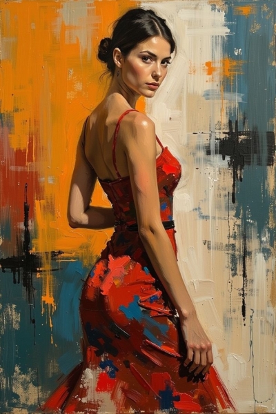 Modern Elegance: Vibrant Painting of a Confident Woman in Red