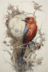 Moonlit Serenity: An Artistic Illustration of a Vibrantly Plumed Bird
