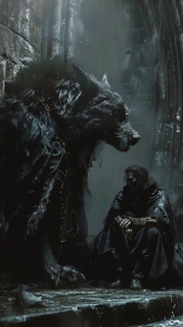 Mysterious Encounter: The Gothic Enigma of a Cloaked Figure and a Wolf-Like Creature