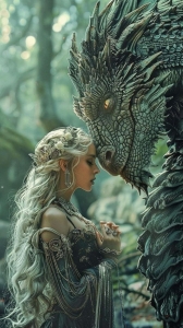 Mystical Encounter: Woman and Dragon in a Fantasy Forest