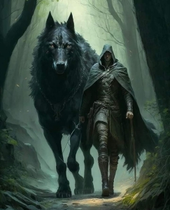 Mystical Journey: A Hooded Figure and Wolf in an Enchanted Forest