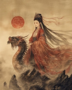 Mystical Journey: Traditional Asian Artwork of a Dragon Rider