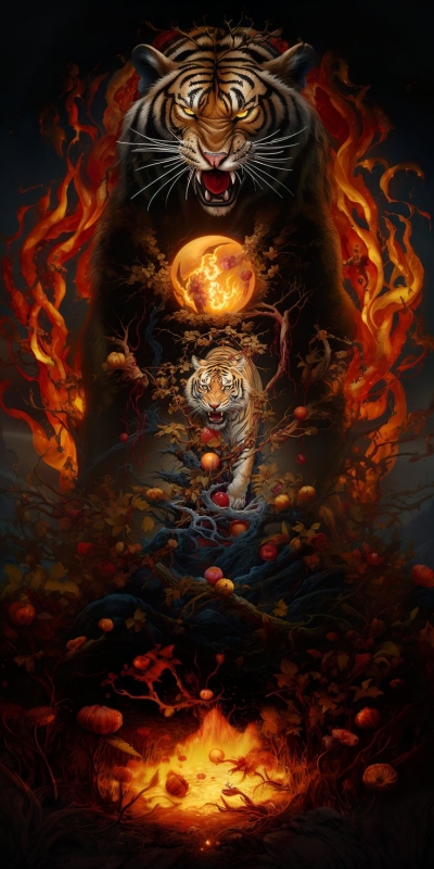 Mystical Power of Nature: The Fusion of Tiger, Flames, and Dragon