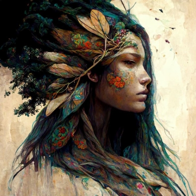 Nature's Maiden: A Stylized Portrait of a Woman Intertwined with Foliage