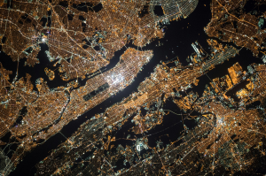 Nighttime Satellite View over Manhattan, New York City
