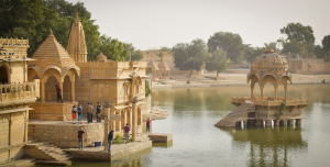 Picturesque Daytime Scene at the Cenotaph on Gadsisar Lake, Jaisalmer - Rajasthan, India