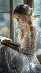 Quiet Moments: Woman in White Dress Reading by the Window