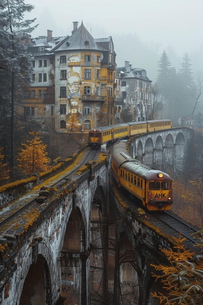 Scenic Train Journey Through a Misty Autumn Landscape