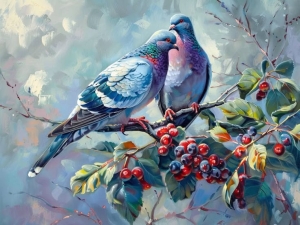 Serene Harmony: Pigeons Perched amidst Nature's Bounty