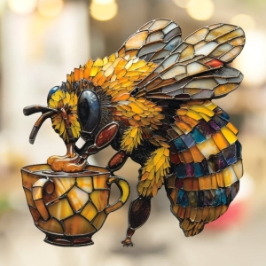 Stained Glass Artistry: A Vibrant Bee's Interaction with a Cup