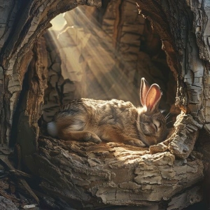 Sunlit Sanctuary: A Rabbit's Rest in a Hollow Tree Trunk