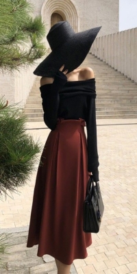 The Chic Artistry of Stylish Outfit Combinations: Off-the-Shoulder Black Top and Burgundy Skirt