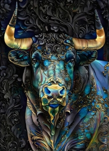 The Majestic Stylized Bull: An Artistic Expression in Blue and Gold