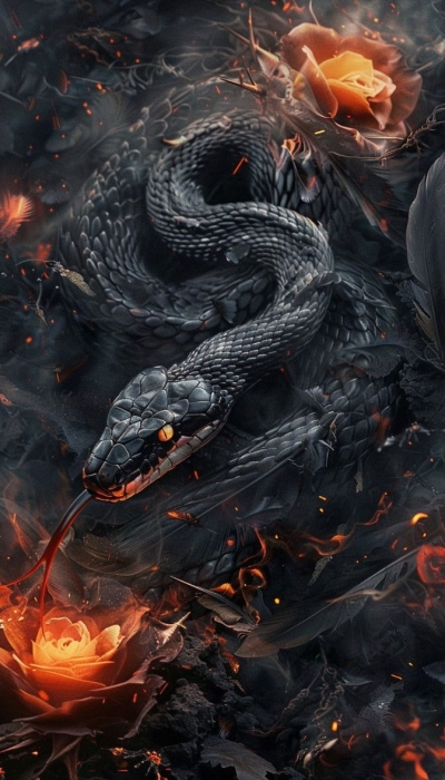 The Mesmerizing Dance of Danger and Beauty: A Black Snake Amid Fiery Orange Blossoms