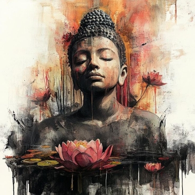 Tranquil Abstract Artistry: Buddha Amidst Lotus Blossoms