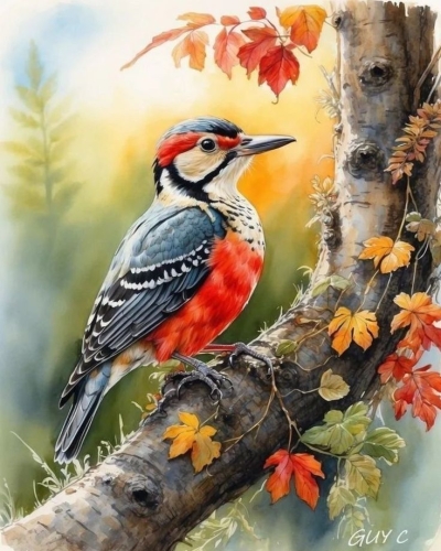 Tranquil Woodpecker: The Essence of Autumn Captured in a Painting