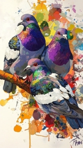 Vibrant Artistry: Colorful Pigeons on a Branch