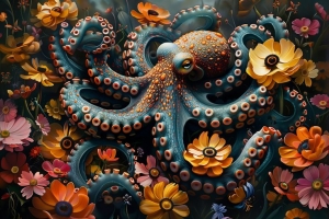 Vibrant Blue Octopus Entwined in Floral Elements: A Masterpiece of Art