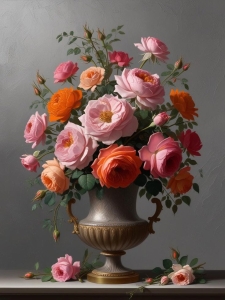Vibrant Bouquet: A Symphony of Roses in an Ornate Vase