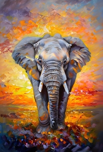 Vibrant Elephant Artistry: A Fusion of Wildlife and Sunset Splendor