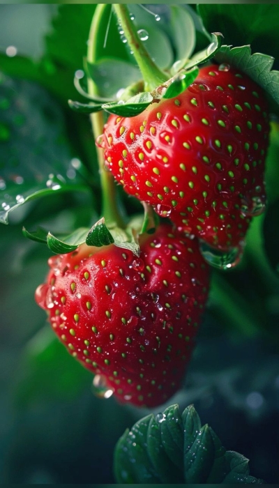 Vibrant Freshness: Dew-Kissed Strawberries Amidst Green Foliage