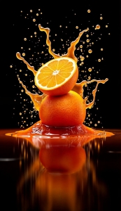 Vibrant Oranges and Splashing Juice Against a Dark Backdrop