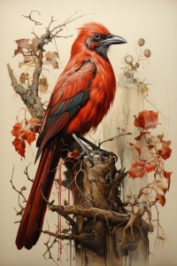 Vibrant Red Bird Amidst Autumn Splendor: A Study in Nature's Artistry