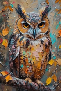Vibrant Textured Painting of an Owl Amidst Colorful Leaves