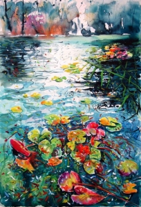 Vibrant Watercolor Painting of a Serene Pond with Water Lilies