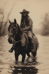 Vintage Voyage: A Lone Horseman Crossing the River