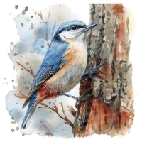 Watercolor Illustration of a Colorful Bird Perched on a Tree Trunk